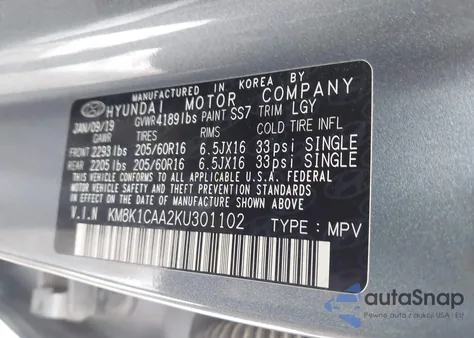 2019 Hyundai Kona Se from USA, damaged, VIN KM8K1CAA2KU301102